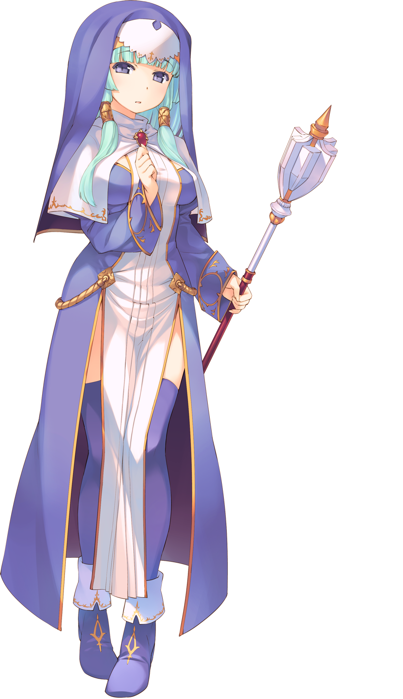 aquaplus blue_eyes blue_legwear clenched_hand dress dungeon_travelers_2 eyebrows eyebrows_visible_through_hair fiora_marsh full_body habit hair_tubes highres holding light_blue_hair long_hair long_sleeves looking_at_viewer mace nun official_art sidelocks solo sumaki_shungo thighhighs transparent_background veil weapon