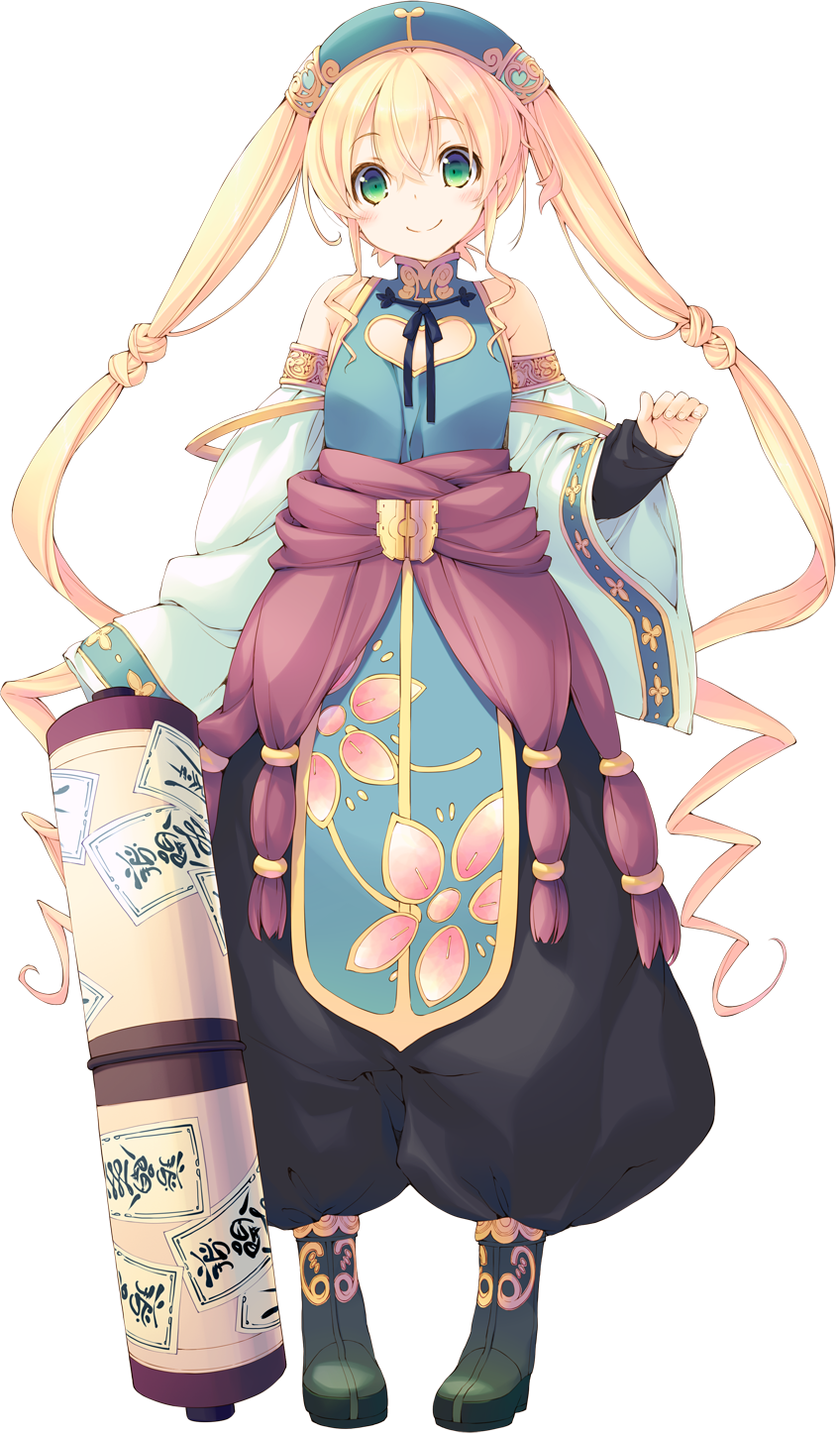 aquaplus blonde_hair boots detached_sleeves dungeon_travelers_2 erthuricia_vitor_de_ritzhevin full_body green_eyes headdress highres kokonoka long_hair looking_at_viewer official_art scroll smile solo transparent_background twintails very_long_hair