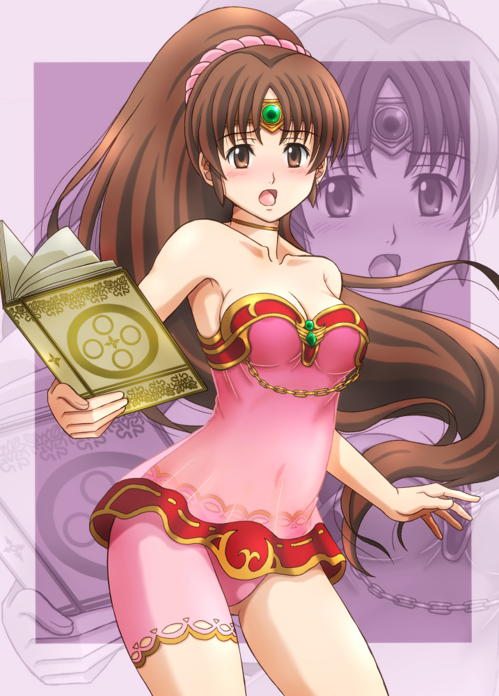 1girl :o areola_slip areolae blush book breasts brown_eyes brown_hair chains choker circlet cleavage collarbone commentary_request covered_navel dress fire_emblem fire_emblem:_monshou_no_nazo fujii_satoshi hair_ornament hair_scrunchie holding holding_book linda_(fire_emblem) long_hair looking_at_viewer medium_breasts nintendo panties pink_panties pink_scrunchie ponytail scrunchie see-through short_dress solo strapless strapless_dress underwear very_long_hair zoom_layer