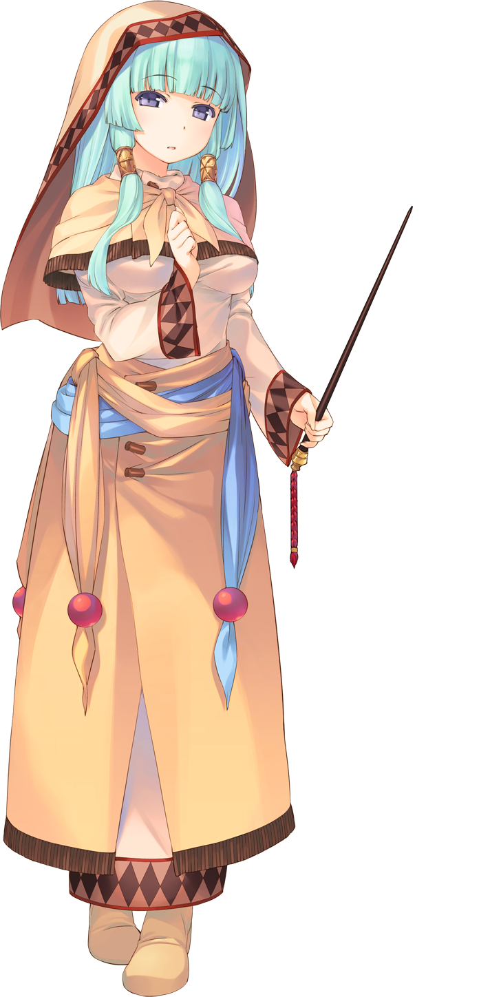 aquaplus blue_eyes clenched_hand dress dungeon_travelers_2 eyebrows eyebrows_visible_through_hair fiora_marsh full_body highres holding light_blue_hair long_hair long_sleeves looking_at_viewer official_art solo sumaki_shungo transparent_background wand witch