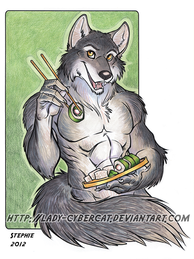 abs anthro canine cybercat food looking_at_viewer male mammal muscular scar smile solo sushi traditional_media_(artwork)