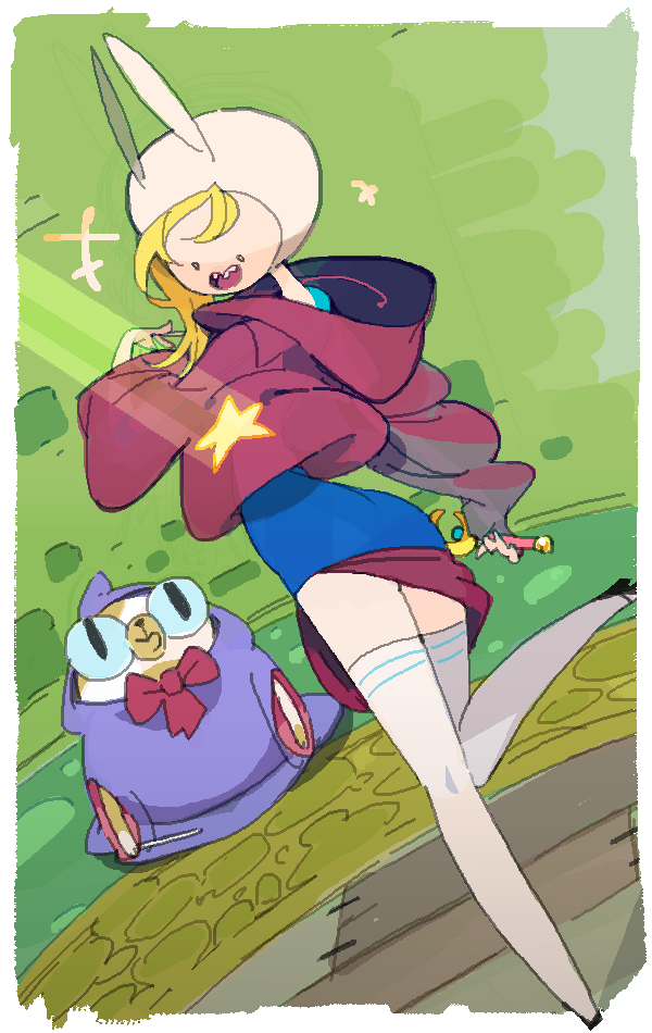 1girl adventure_time amiami ass blonde_hair cake_(adventure_time) female fionna from_behind thighhighs