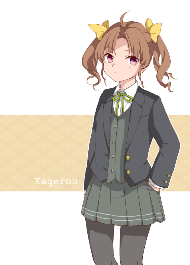 ahoge alternate_legwear black_legwear blazer bow brown_hair buttons character_name eyebrows_visible_through_hair green_neckwear green_ribbon green_skirt green_vest hair_bow hand_in_pocket hiroe_(cosmos_blue-02_421) jacket kagerou_(kantai_collection) kantai_collection long_sleeves looking_away looking_to_the_side neck_ribbon outline pantyhose pink_eyes pleated_skirt ribbon school_uniform shirt simple_background skirt solo standing twintails vest white_outline white_shirt yellow_bow