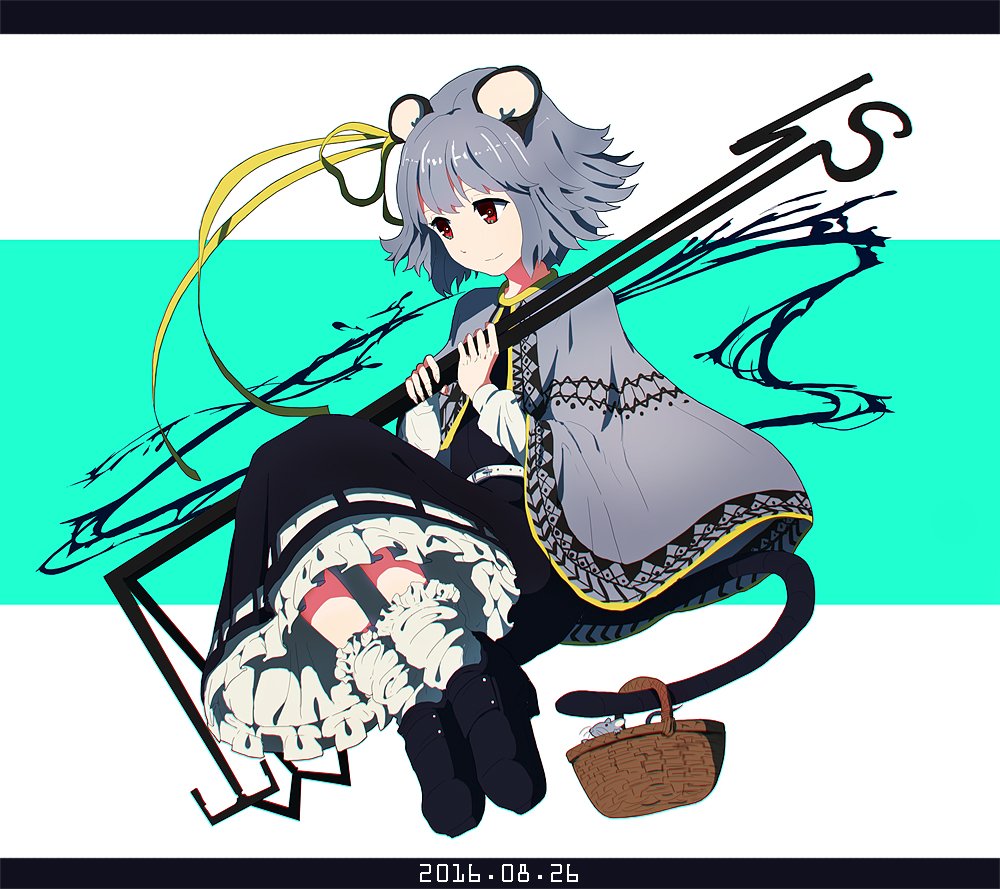 2016 alternate_costume animal_ears aqua_background basket belt belt_buckle black_dress black_footwear buckle cape dowsing_rod dress full_body grey_cape grey_hair hair_ribbon letterboxed long_sleeves mouse mouse_ears mouse_tail nazrin red_eyes ribbon shishi_osamu shoes smile solo tail tail_hold touhou white_background white_legwear yellow_ribbon