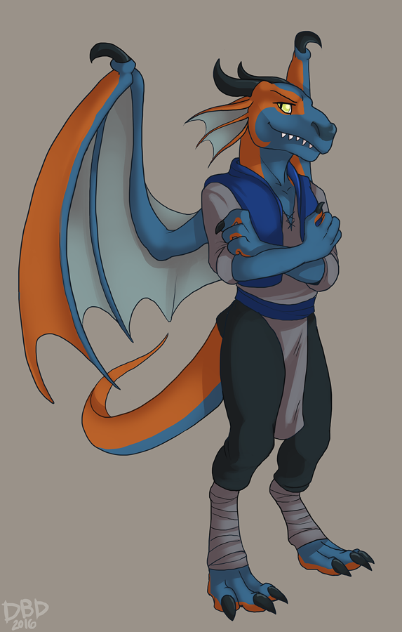 anthro clothed clothing crossed_arms dbd dragon horn male smile solo standing wings