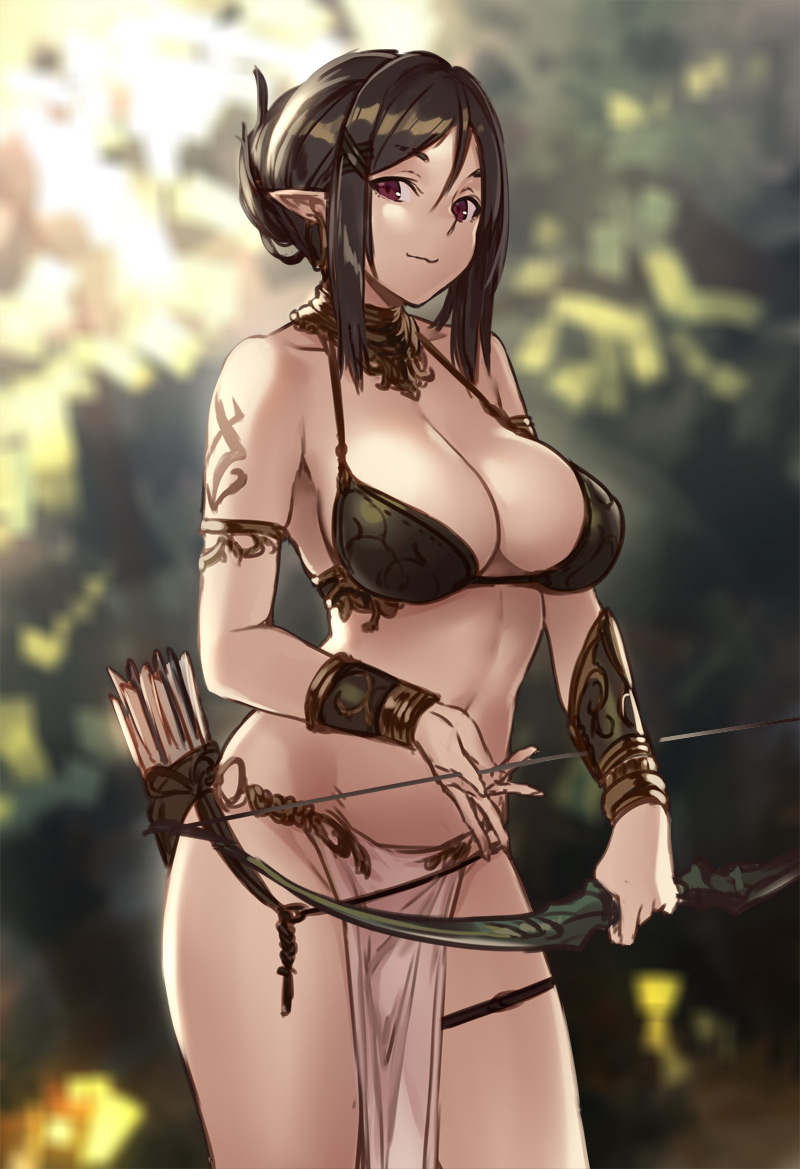 armlet arrow bikini black_hair blurry blurry_background bow_(weapon) bracer breasts choker cleavage commentary_request cowboy_shot earrings hair_ribbon hair_strand holding holding_weapon hoop_earrings houtengeki jewelry large_breasts loincloth looking_at_viewer navel original outdoors pelvic_curtain pointy_ears purple_eyes quiver ribbon smile solo swimsuit tattoo tress_ribbon weapon