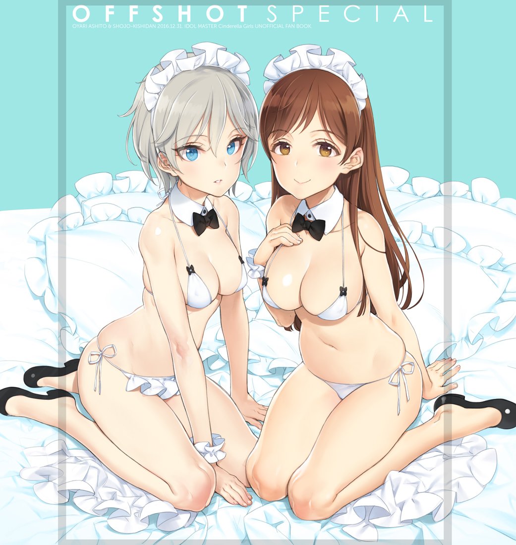anastasia_(idolmaster) bangs bed_sheet bikini black_footwear blue_eyes blush breasts brown_eyes brown_hair cleavage commentary_request cover cover_page covered_nipples doujin_cover eyebrows eyebrows_visible_through_hair frilled_bikini frilled_pillow frills hair_between_eyes hand_on_own_chest heart heart_pillow hips idolmaster idolmaster_cinderella_girls kneeling large_breasts legs long_hair looking_at_viewer maid_bikini maid_headdress medium_breasts multiple_girls navel nitta_minami ooyari_ashito parted_bangs parted_lips pillow shoes short_hair side-tie_bikini silver_hair simple_background skindentation slippers smile swimsuit symmetry teal_background teeth thighs white_bikini