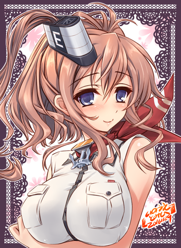 blue_eyes blush breast_pocket breasts brown_hair crossed_arms hair_between_eyes hair_ornament impossible_clothes inoue_tomii kantai_collection large_breasts long_hair looking_at_viewer lowres neckerchief pocket red_neckwear saratoga_(kantai_collection) side_ponytail smile smokestack solo upper_body