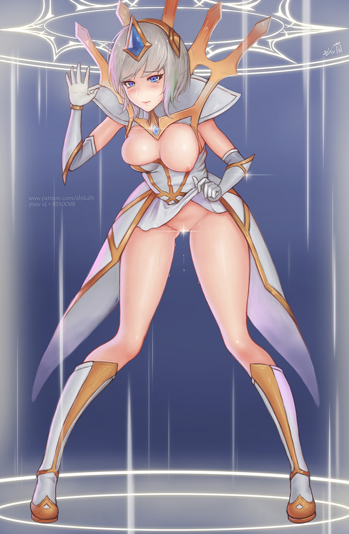 blue_eyes blush boots breasts censored elbow_gloves elementalist_lux eliskalti gloves headgear large_breasts league_of_legends lifted_by_self light_elementalist_lux luxanna_crownguard nipples no_panties one_breast_out pussy_juice short_hair signature silver_hair skirt skirt_lift solo tears watermark web_address
