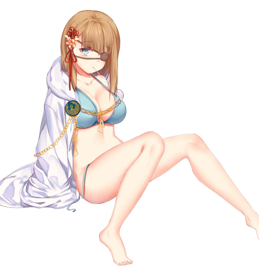 bad_id bad_pixiv_id barefoot bikini blue_bikini blue_eyes breasts brown_hair chain cleavage dhfz181 eyepatch jacket_on_shoulders large_breasts looking_at_viewer mouth_hold original short_hair side-tie_bikini simple_background sitting solo strap_gap swimsuit untied untied_bikini white_background