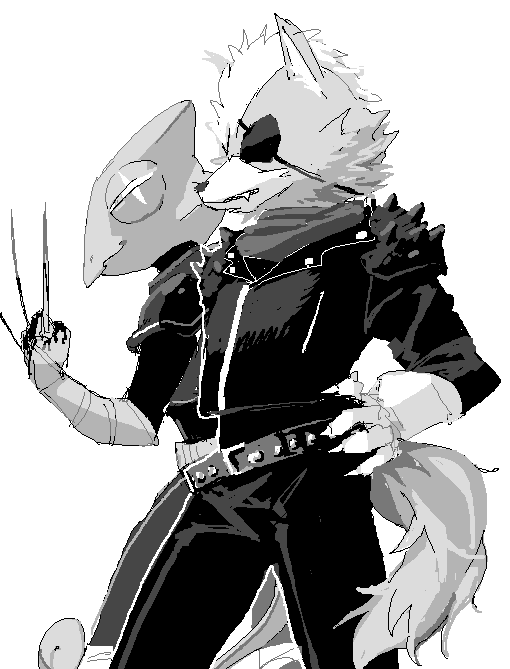2016 anthro belt black_nose blood canine chameleon claws clothing duo eye_patch eyewear fur gloves grey_fur leon_powalski lizard male mammal nintendo reptile scalie scarf shoulder_pads spikes star_fox teeth video_games white_fur wolf wolf_o'donnell 山羊