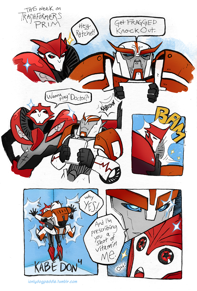 annoyed autobot blue_eyes comic cybertronian dialogue english_text frown humanoid humor ionlydogpaddle knock_out_(transformer) living_machine machine male open_mouth ratchet_(transformer) red_eyes robot simple_background smile smirk sound_effects sparkle standing star text transformers transformers_prime