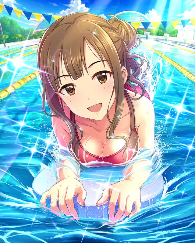 :d afloat artist_request bangs blunt_bangs blush breasts brown_eyes brown_hair building caustics cleavage cloud collarbone competition_swimsuit day downblouse flag foreshortening hair_bun hands happy head_tilt hexagon holding idolmaster idolmaster_cinderella_girls jpeg_artifacts kickboard lane_line lens_flare light_rays looking_at_viewer lying medium_breasts mizumoto_yukari official_art on_stomach one-piece_swimsuit open_mouth outdoors parted_bangs partially_submerged pool red_swimsuit sidelocks sky smile solo sparkle splashing starting_block string_of_flags sunbeam sunlight swimming swimsuit tree water wavy_hair wet wet_hair