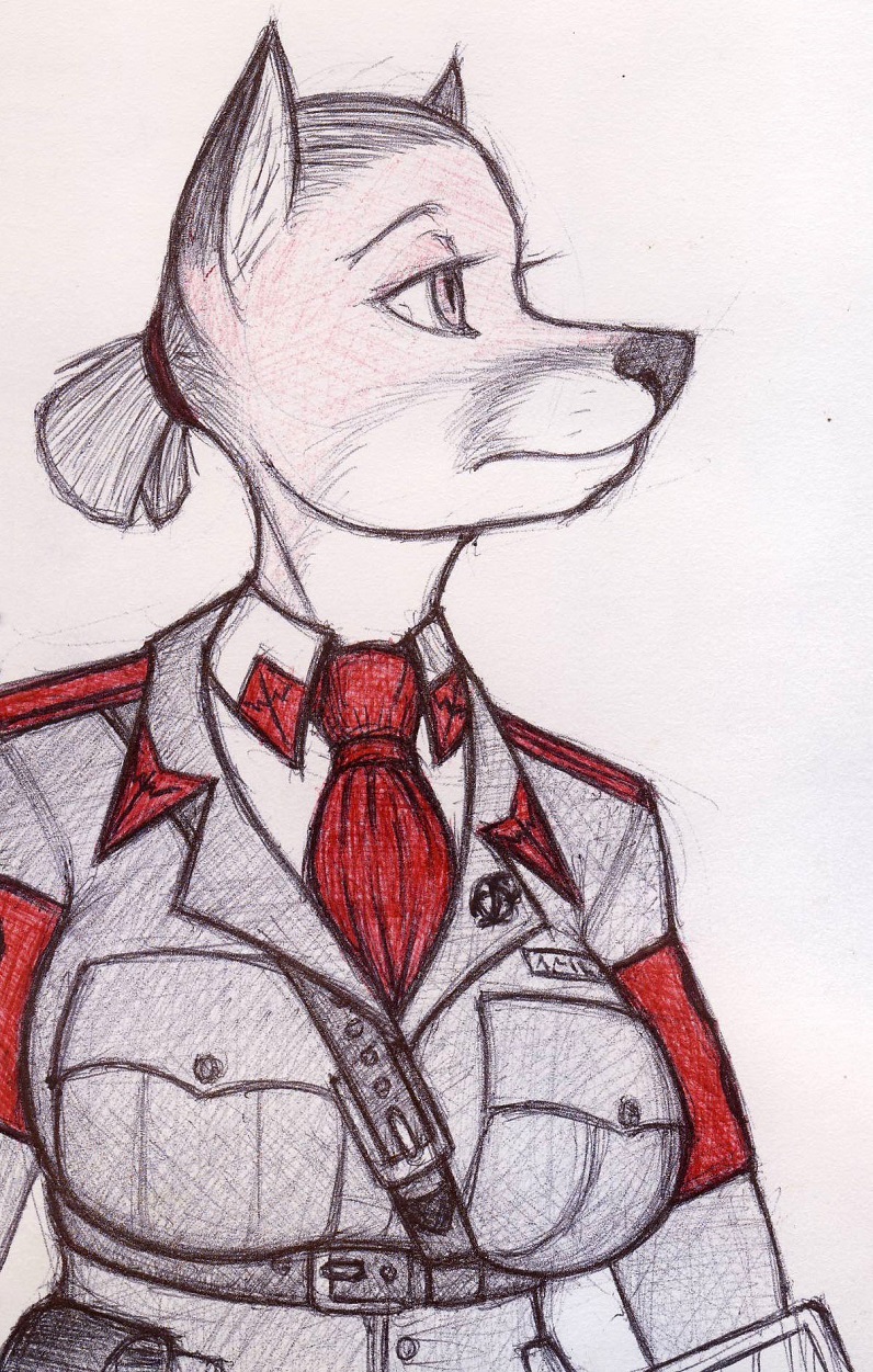 anthro canine clothed clothing female fox hair kraken_(artist) mammal police_uniform simple-background sketch solo traditional_media_(artwork) uniform