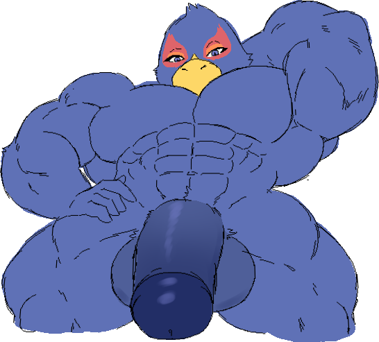 2016 abs anthro arm_over_head armpits avian balls beak biceps big_muscles big_penis bird blue_penis falco_lombardi falcon flaccid looking_at_viewer male muscular muscular_male nintendo pecs penis pose simple_background solo star_fox steven_ciervyena video_games white_background