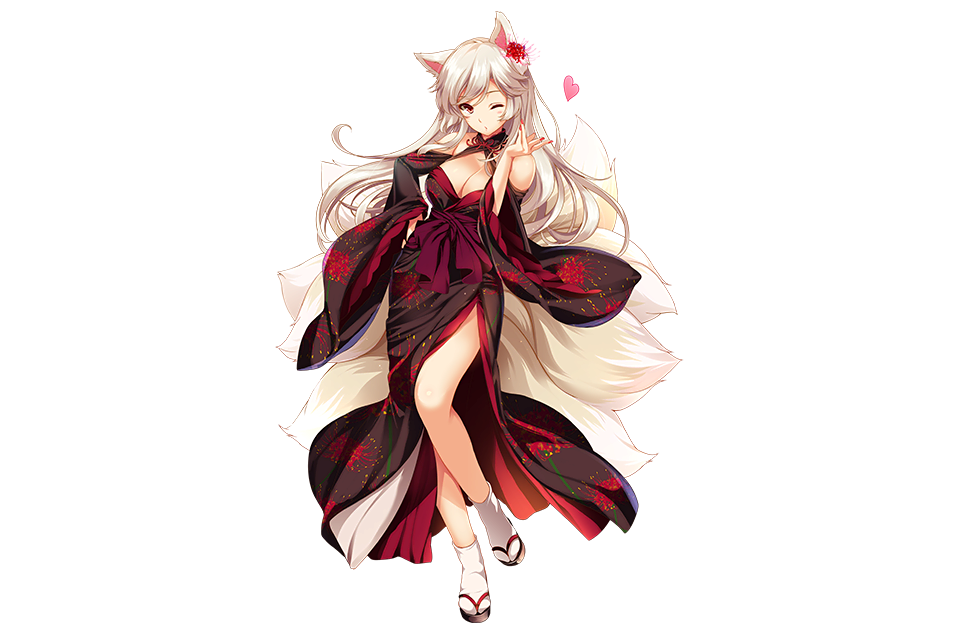 animal_ears bare_shoulders breasts brown_eyes cleavage fingernails floral_print flower_knight_girl fox_ears full_body hair_ornament higanbana_(flower_knight_girl) japanese_clothes kitsune large_breasts long_hair looking_at_viewer moneti_(daifuku) official_art one_eye_closed sandals side_slit solo tabi tail transparent_background white_hair wide_sleeves