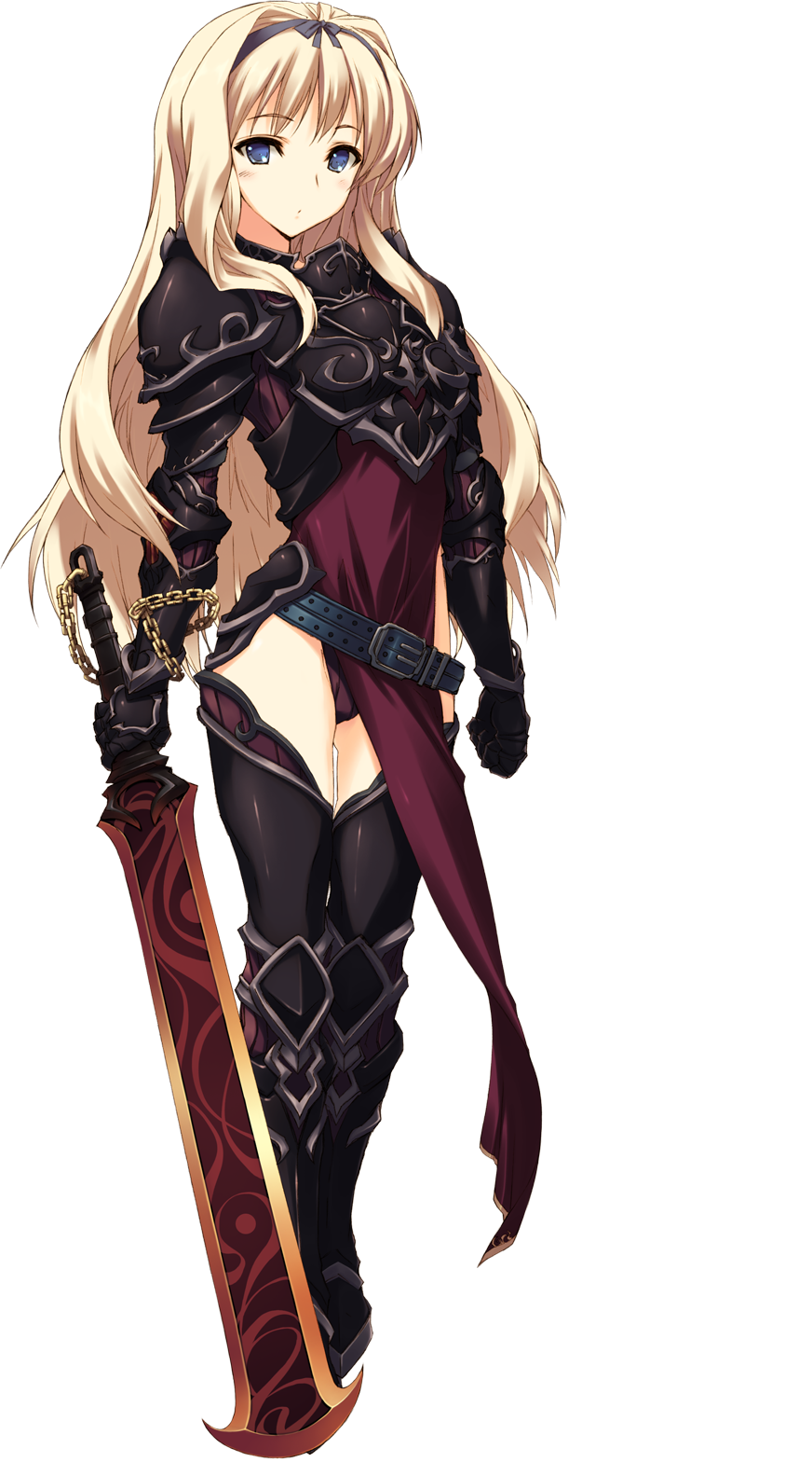 armor armored_boots belt blonde_hair blue_eyes blush boots breastplate chain full_body gauntlets headband highres holding holding_weapon kawata_hisashi kusugawa_sasara long_hair looking_at_viewer pauldrons pelvic_curtain solo standing sword thighhighs to_heart_2 to_heart_2_dungeon_travelers transparent_background weapon