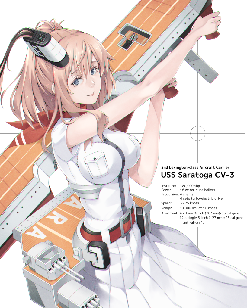 armpit_peek blue_eyes breasts brown_hair cannon character_name flight_deck impossible_clothes impossible_shirt kantai_collection large_breasts machinery noro_assumed saratoga_(kantai_collection) shirt short_sleeves side_ponytail smokestack solo turret
