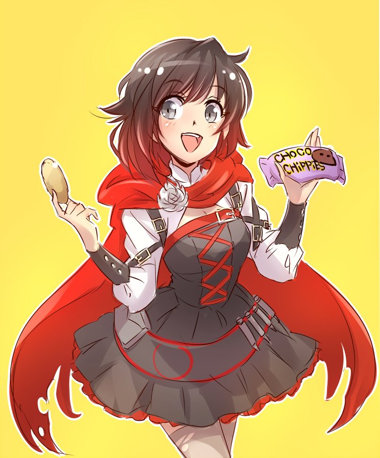 black_hair cape chocolate_chip_cookie commentary iesupa ruby_rose rwby smile solo yellow_background