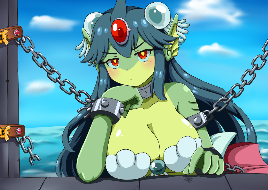 bikini_top blue_hair bored breasts chain chin_rest cleavage cuffs forehead_jewel giantess giga_mermaid green_skin head_fins johnny_(seek_as_1990sp) large_breasts long_hair mermaid monster_girl partially_submerged red_eyes restrained seashell_bra shackles shantae:_half-genie_hero shantae_(series) shell shell_bikini solo upper_body water