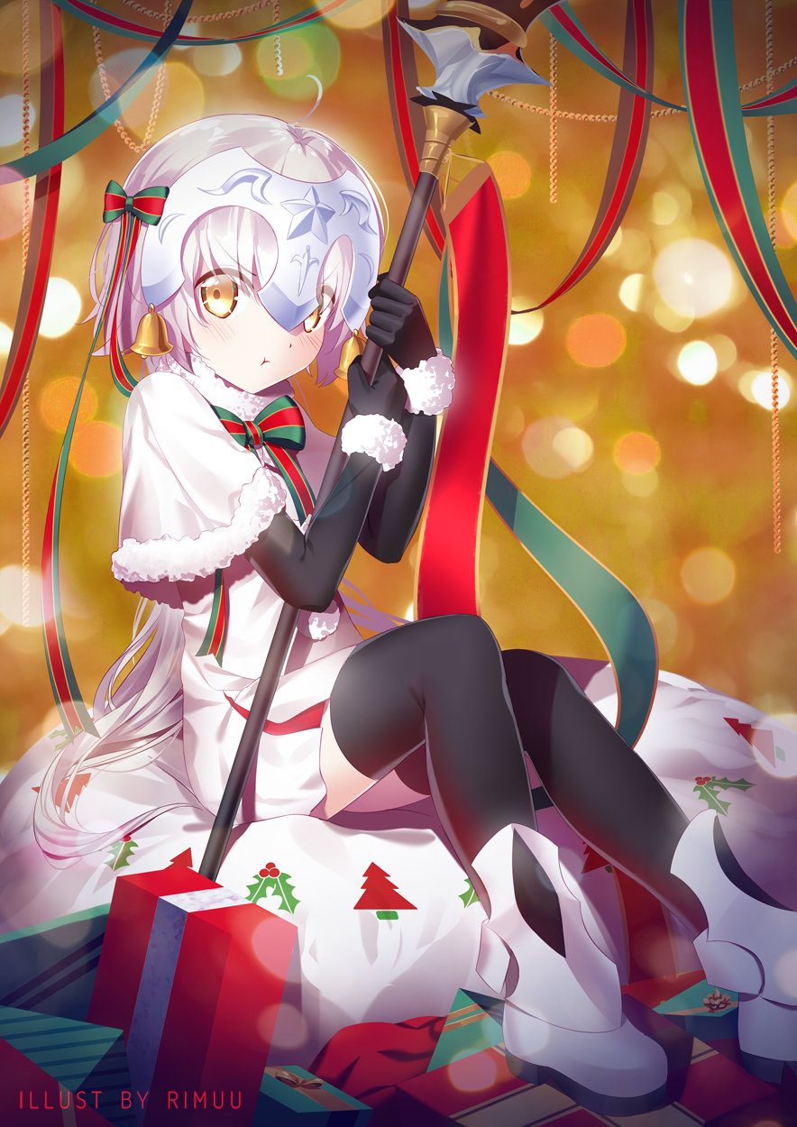 :t ahoge armor armored_boots artist_name bangs beads bell black_gloves black_legwear blonde_hair blurry bokeh boots bow bowtie box capelet christmas closed_mouth depth_of_field dress elbow_gloves eyebrows eyebrows_visible_through_hair fate/grand_order fate_(series) fur_trim gift gift_box gloves hair_bow hair_ribbon headpiece highres holding holding_weapon jeanne_d'arc_(fate)_(all) jeanne_d'arc_alter_santa_lily lens_flare long_hair looking_at_viewer pom_pom_(clothes) pout ribbon rimuu sash short_dress sitting solo star thighhighs v-shaped_eyebrows very_long_hair weapon white_dress white_hair wrist_cuffs yellow_eyes