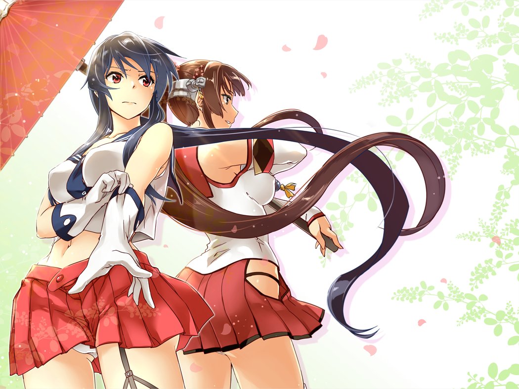 abo_(hechouchou) asymmetrical_legwear bare_shoulders black_hair breasts brown_eyes brown_hair cherry_blossoms collarbone detached_sleeves floral_background flower garter_straps glove_pull gloves headgear kantai_collection large_breasts long_hair midriff multiple_girls navel panties pantyshot pantyshot_(standing) pleated_skirt ponytail red_eyes red_skirt shiny shiny_hair skirt standing umbrella underwear very_long_hair white_background white_gloves yahagi_(kantai_collection) yamato_(kantai_collection) z_flag