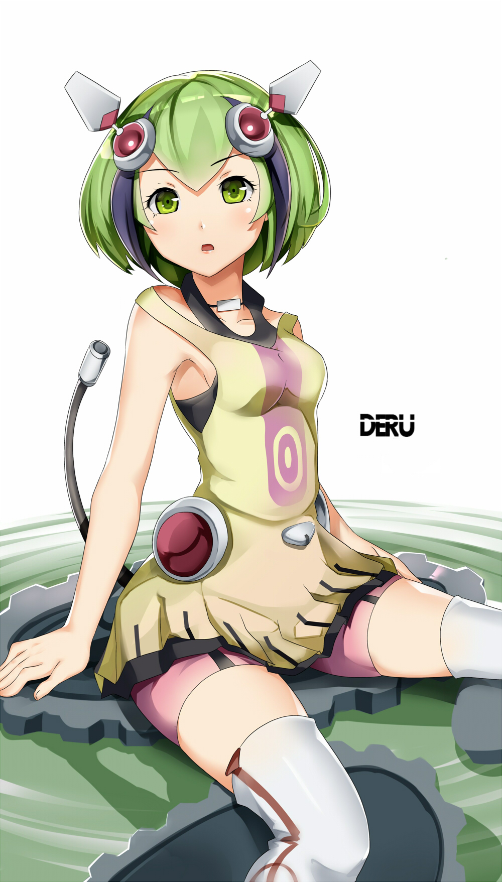 1girl antennae artist_name breasts deru06 dimension_w eyebrows_visible_through_hair green_eyes green_hair highres looking_at_viewer open_mouth robot simple_background single_stripe white_background white_legwear yurizaki_mira