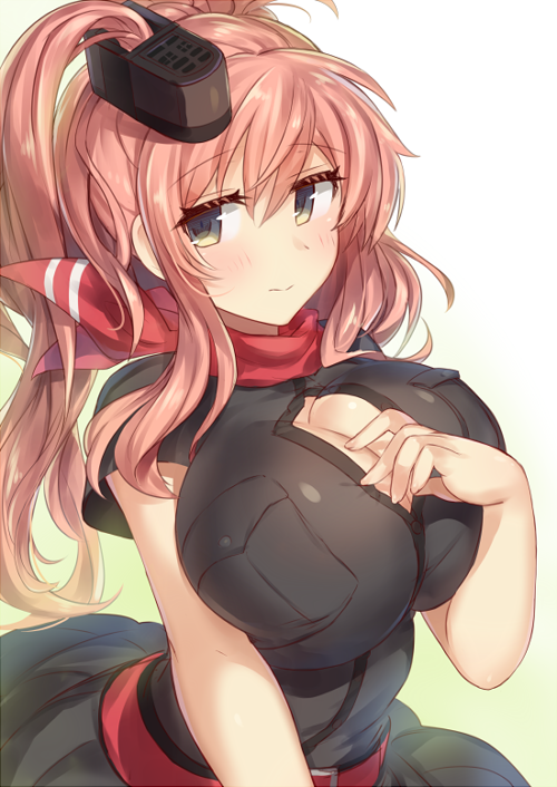 arched_back black_dress blue_eyes breast_pocket breast_press breasts brown_hair bursting_breasts cleavage_cutout dress hair_between_eyes hand_on_own_chest huge_breasts impossible_clothes jitome kantai_collection long_hair looking_at_viewer neckerchief pocket ponytail red_neckwear remodel_(kantai_collection) saratoga_(kantai_collection) side_ponytail sidelocks smokestack solo upper_body white_dress yamaarashi