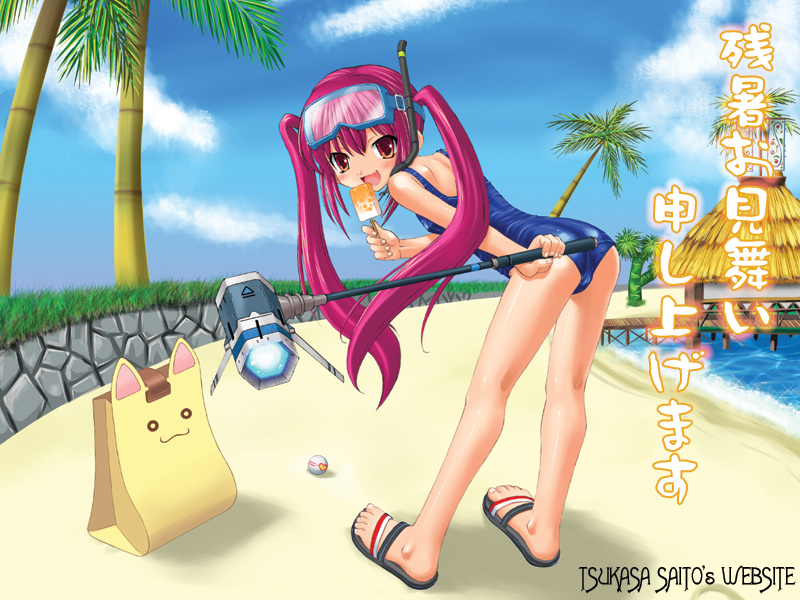 beach bent_over blush day diving_mask fang food golf_club kooh long_hair one-piece_swimsuit pangya papel pink_hair popsicle red_eyes saitou_tsukasa sandals school_swimsuit snorkel solo swimsuit trefoil twintails wallpaper