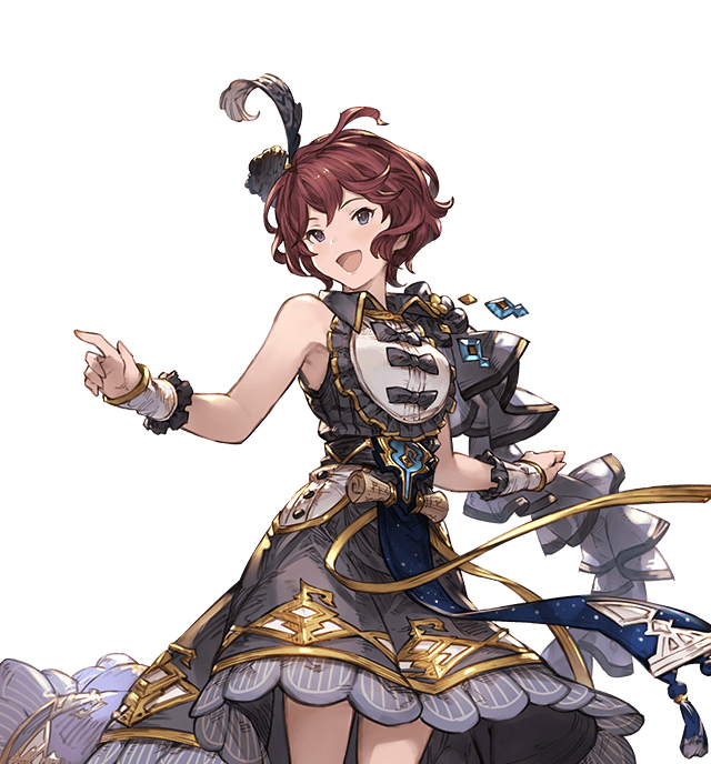 blue_eyes bow dress feathers frills granblue_fantasy hair_ornament looking_away minaba_hideo official_art open_mouth pamela_(granblue_fantasy) red_hair ribbon short_hair simple_background sleeveless smile solo white_background wrist_cuffs