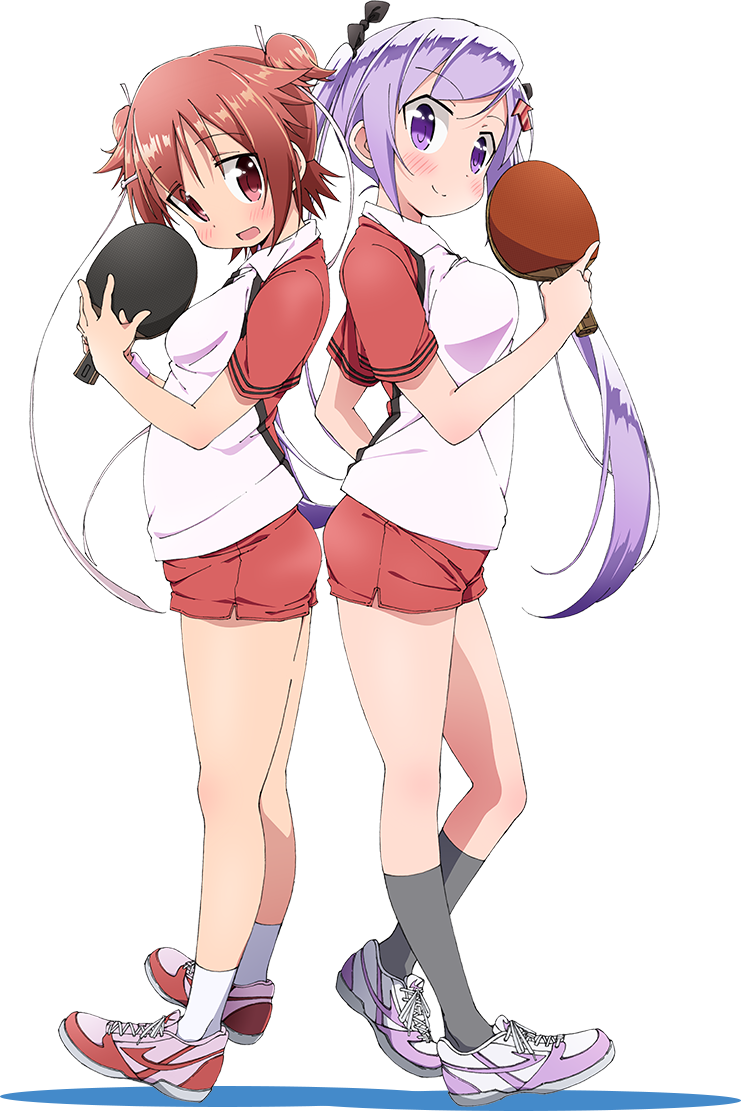 back-to-back black_legwear directional_arrow_hair_ornament full_body gym_shorts holding kamiya_agari kneehighs long_hair looking_at_viewer multiple_girls official_art open_mouth paddle purple_eyes purple_hair red_eyes red_hair shakunetsu_no_takkyuu_musume shoes short_sleeves short_twintails shorts smile sneakers socks sportswear table_tennis_paddle transparent_background tsumujikaze_koyori twintails white_legwear