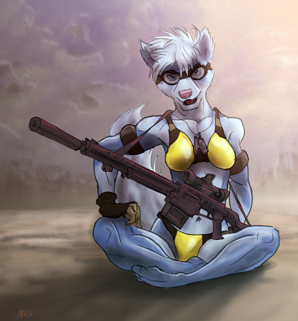 apps biceps bikini canine clothed clothing crossed_legs dog dog_tags eyewear female flirting glasses gloves goggles gun mammal marsonaut muscular ranged_weapon rifle sitting skimpy swimsuit weapon