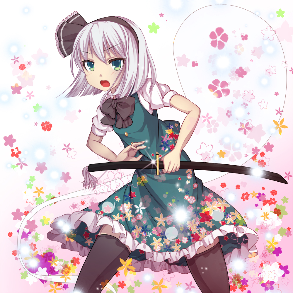 :o black_hairband black_legwear blush bow bowtie floral_print flower frilled_skirt frills green_eyes hair_ribbon hairband hitodama katana konpaku_youmu konpaku_youmu_(ghost) looking_at_viewer puffy_short_sleeves puffy_sleeves ready_to_draw ribbon sheath sheathed short_hair short_sleeves skirt skirt_set solo sparkle swami sword thighhighs touhou v-shaped_eyebrows vest weapon white_hair zettai_ryouiki