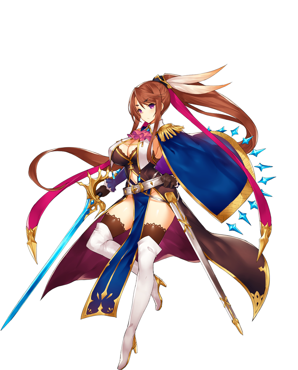 belt boots breasts brown_hair cape cleavage cleavage_cutout elbow_gloves feathers full_body gem gloves high_heels highres holding holding_weapon inayama ingrid_(sennen_sensou_aigis) large_breasts long_hair long_ribbon navel navel_cutout official_art ponytail purple_eyes sennen_sensou_aigis sheath solo sword thigh_boots thighhighs transparent_background weapon white_footwear white_legwear