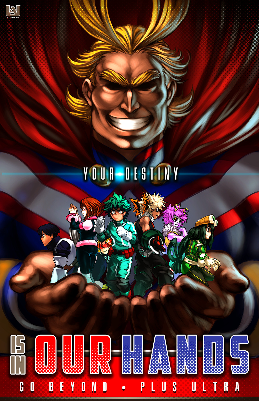 amano-g aoyama_yuuga ashido_mina ass asui_tsuyu bakugou_katsuki black_hair black_sclera blonde_hair bodysuit boku_no_hero_academia cape clenched_hands cupping_hands english freckles gauntlets glasses gloves green_hair grin hair_rings halftone highres iida_tenya latin long_hair md5_mismatch midoriya_izuku pink_hair pink_skin red_hair smile squatting uraraka_ochako very_long_hair white_gloves yellow_eyes