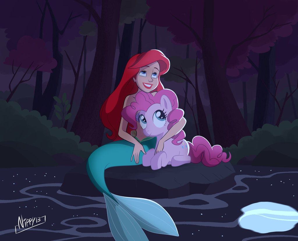 ariel blue_eyes crossover cutie_mark disney duo earth_pony equine female feral friendship_is_magic fur hair horse long_hair mammal marine merfolk my_little_pony navel nippy13_(artist) pink_hair pinkie_pie_(mlp) pony red_hair smile the_little_mermaid