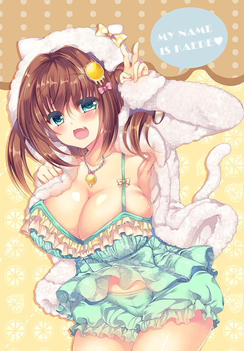 :d animal_hood aoki_kaede armpits blush bow breasts brown_hair camisole cleavage commentary_request cowboy_shot english fang green_eyes hair_bow hair_ornament hood hoodie jewelry large_breasts leaning_forward long_sleeves looking_at_viewer open_mouth original pendant pink_bow polka_dot polka_dot_background smile solo speech_bubble suzune_rena underwear underwear_only v yellow_bow