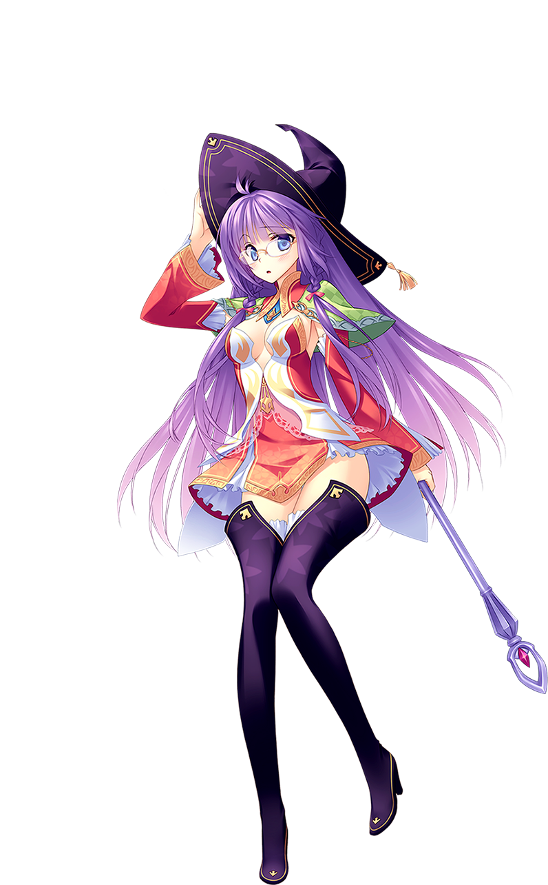 :o adele_(sennen_sensou_aigis) black_footwear black_legwear blue_eyes boots braid breasts cleavage full_body glasses hat high_heels highres holding holding_wand knees_together_feet_apart long_hair long_sleeves medium_breasts miyatsuki_itsuka official_art purple_hair sennen_sensou_aigis skirt solo thigh_boots thighhighs transparent_background twin_braids wand witch_hat