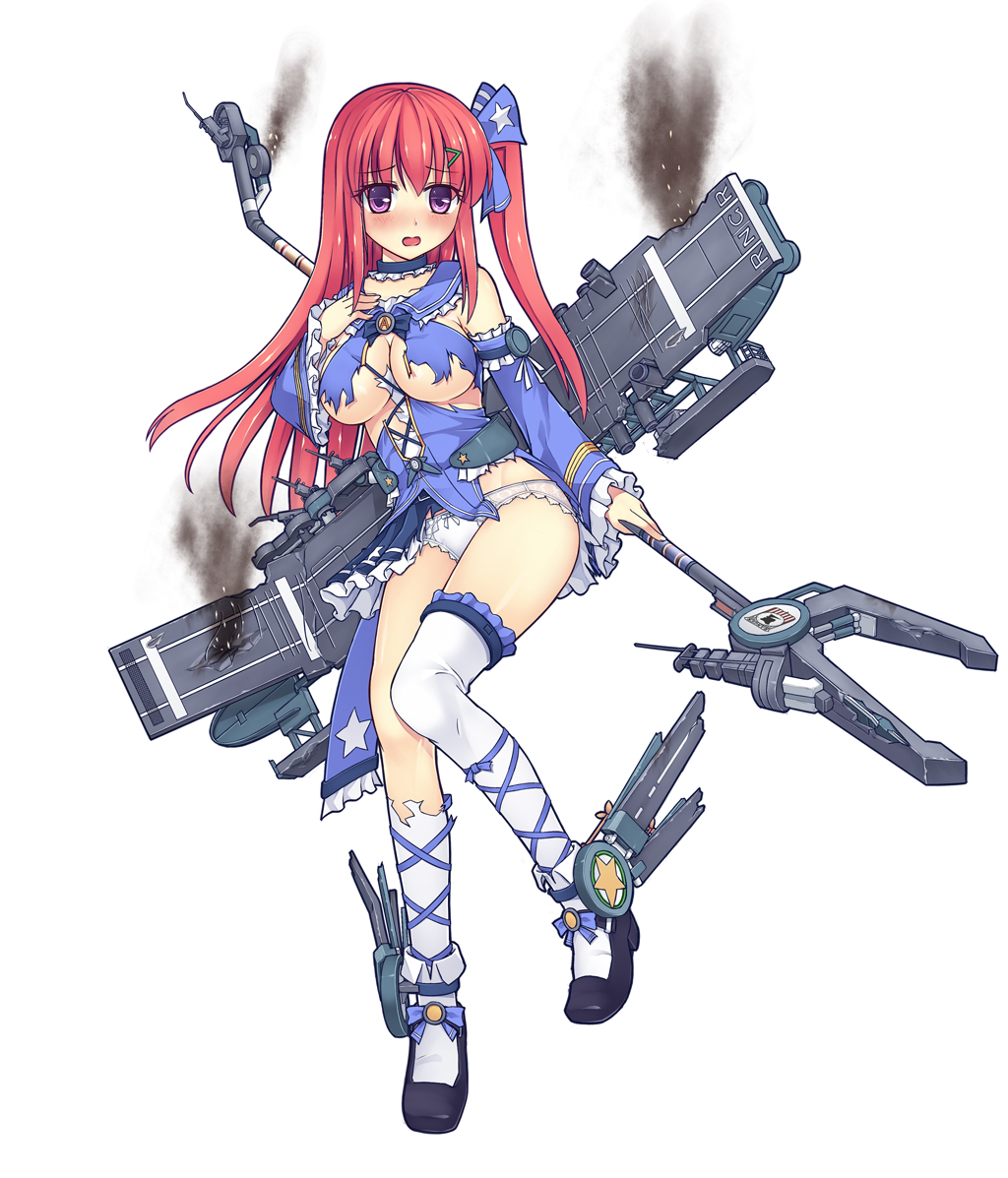 battleship_girl breasts cleavage detached_sleeves full_body hair_ornament high_heels large_breasts long_hair looking_at_viewer machinery open_mouth panties purple_eyes ranger_(battleship_girl) red_eyes ribbon_trim side_ponytail simple_background skirt smile solo srwsrx_(gp03dsrx) thighhighs torn_clothes torn_legwear turret underwear white_background white_legwear