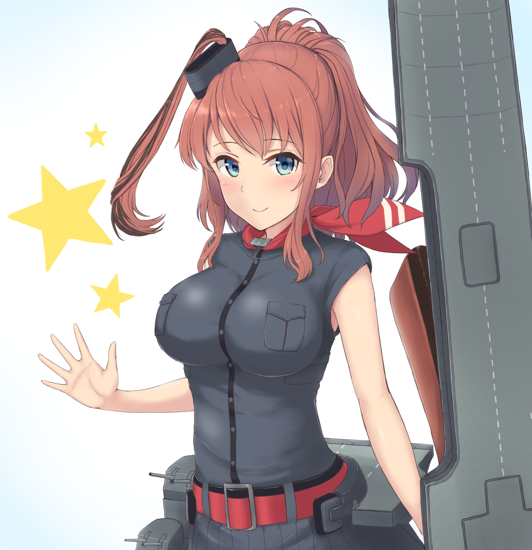 arm_at_side belt black_dress blue_eyes breast_pocket breasts brown_hair dress flight_deck hair_between_eyes hair_ornament impossible_clothes kantai_collection large_breasts long_hair looking_at_viewer monoku neckerchief outstretched_hand pocket ponytail red_neckwear saratoga_(kantai_collection) side_ponytail sidelocks smile smokestack solo turret