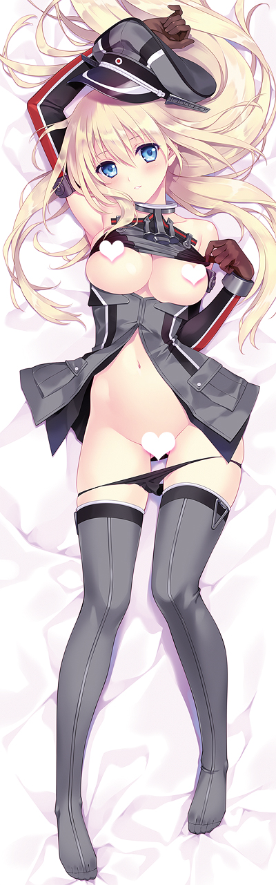 arm_up armpits bare_shoulders bed_sheet bismarck_(kantai_collection) black_panties blonde_hair blue_eyes blush breasts brown_gloves carnelian censored collar collarbone dakimakura detached_sleeves elbow_gloves from_above full_body gloves grey_legwear groin hair_between_eyes hat head_tilt heart heart_censor highres kantai_collection large_breasts long_hair looking_at_viewer looking_up lying navel novelty_censor on_back open_clothes open_shirt panties panty_pull parted_lips peaked_cap sample shirt shirt_pull solo stomach thighhighs underwear very_long_hair