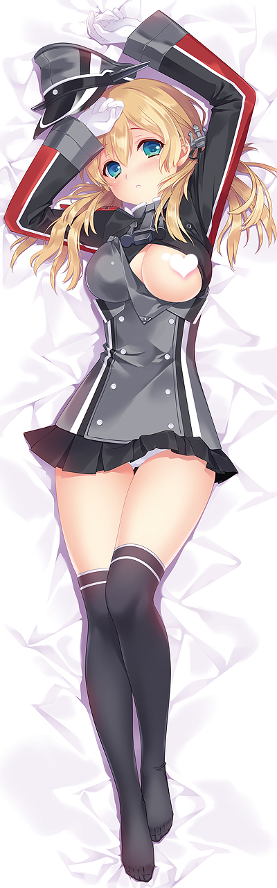 bed_sheet black_legwear blonde_hair blue_eyes breasts carnelian censored dakimakura full_body gloves hat heart heart_censor highres kantai_collection large_breasts long_sleeves lying no_shoes novelty_censor one_breast_out open_clothes open_shirt panties pantyshot peaked_cap prinz_eugen_(kantai_collection) sample shirt skirt solo thighhighs underwear white_gloves white_panties