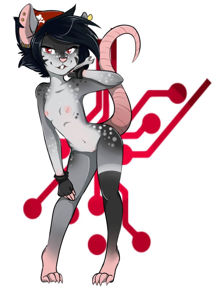 anthro areola black_hair breasts chelsea claws clothing ear_piercing female flat_chested freckles gloves grey_skin hair inverted_nipples mammal nipples piercing rat red_eyes rodent small_breasts solo spots toe_claws tools trexqueen wrench