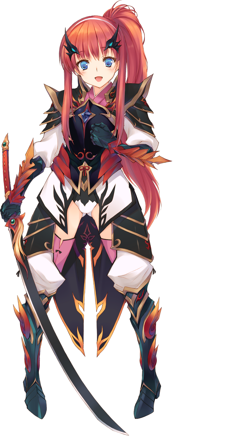 alisia_heart aquaplus armor armored_boots blue_eyes blush boots dungeon_travelers_2 full_body gauntlets highres kawata_hisashi long_hair looking_at_viewer open_mouth orange_hair ponytail shoulder_armor smile solo standing sword transparent_background weapon