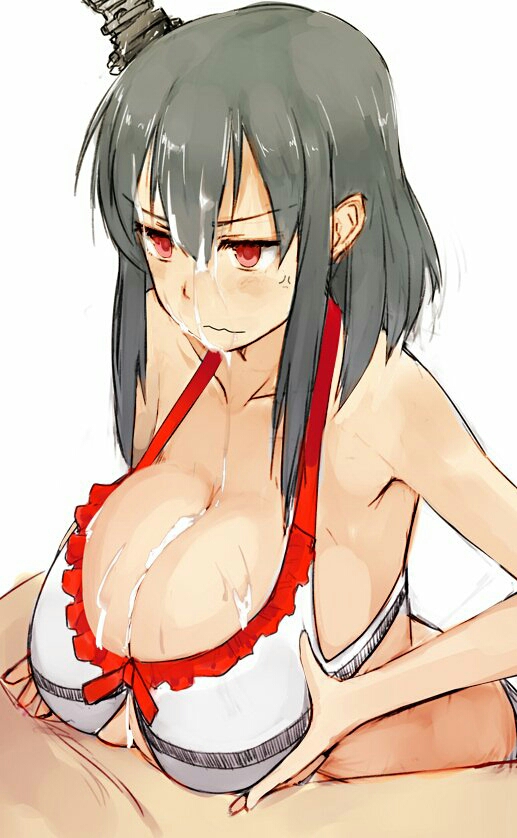 1girl after_paizuri anger_vein annoyed black_hair breast_squeeze breasts cleavage cum cum_on_body cum_on_breasts cum_on_upper_body hetero kantai_collection large_breasts long_hair paizuri paizuri_under_clothes pen_(pen3) red_eyes simple_background wavy_mouth white_background yamashiro_(kantai_collection)