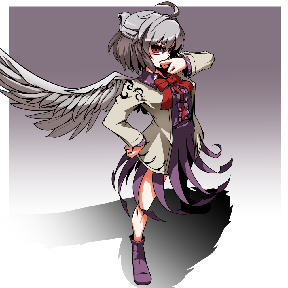 ahoge bow bowtie covering_mouth dress feathered_wings folded_ponytail from_side full_body grey_hair grey_wings half_updo hand_on_hip jacket kikoka_(mizuumi) kishin_sagume long_sleeves looking_at_viewer looking_to_the_side open_clothes open_jacket purple_dress purple_footwear red_bow red_eyes red_neckwear shadow shoes sideways_glance single_wing solo standing touhou white_jacket wings