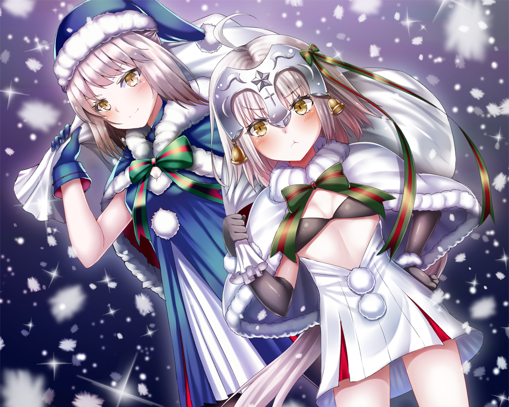 2girls blush bow christmas cropped dress elbow_gloves fate/grand_order fate_(series) gloves gray_hair hat headdress jeanne_d'arc_(fate) long_hair saber saber_alter shimo_(shimo_00) short_hair snow yellow_eyes
