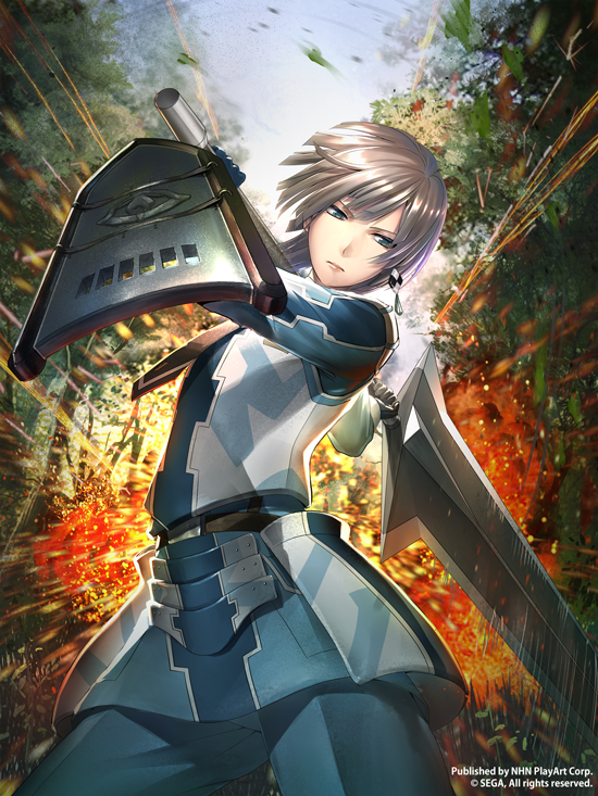 alexis_hilden androgynous armor belt cowboy_shot earrings explosion forest gloves greatsword green_eyes grey_hair jewelry military momose_hisashi motion_blur nature necktie senjou_no_valkyria senjou_no_valkyria_2 shield short_hair solo sword tree watermark weapon