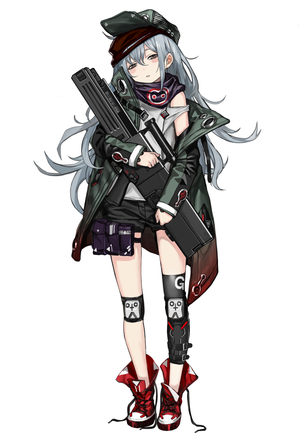 ammunition_pouch assault_rifle bags_under_eyes black_shorts blue_hair blush_stickers brown_eyes full_body g11 g11_(girls_frontline) girls_frontline gun hat head_tilt holding holding_gun holding_weapon holster infukun jacket knee_pads long_hair looking_at_viewer off_shoulder official_art open_clothes open_jacket parted_lips pouch rifle scarf shirt shorts sleepy solo standing strap thigh_holster transparent_background very_long_hair weapon white_shirt