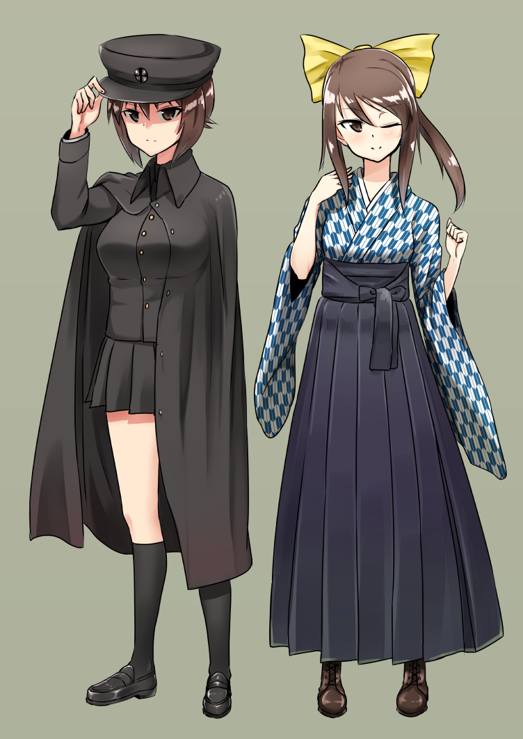 adjusting_clothes adjusting_hat alternate_costume alternate_hairstyle bangs black_cape black_footwear black_hat black_legwear black_skirt blue_shirt blue_skirt boots bow brown_eyes brown_footwear brown_hair cape closed_mouth cross-laced_footwear full_body girls_und_panzer grey_background hair_bow hair_up hakama hat hikyakuashibi japanese_clothes kimono kneehighs lace-up_boots loafers long_hair long_skirt looking_at_viewer meiji_schoolgirl_uniform mika_(girls_und_panzer) military military_hat military_uniform miniskirt multiple_girls nishizumi_maho one_eye_closed pleated_skirt shirt shoes short_hair simple_background skirt smile standing uniform wide_sleeves yagasuri yellow_bow